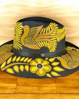 Floral And Birds Hand-Painted Palm Straw Fedora Hat Size XL