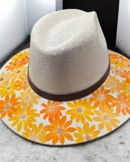 Floral Hand-Painted Palm Straw Fedora Hat Size Medium