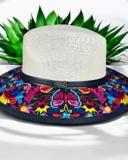Fedora Hat Hand-Embroidered Palm Straw Hat Size M Butterflies