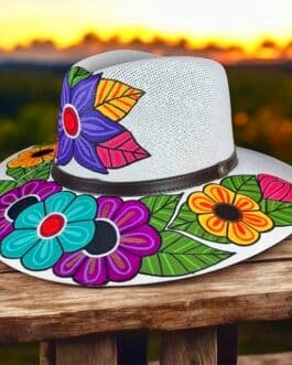 Floral Hand-Painted Palm Straw Multicolor Fedora Hat Size L