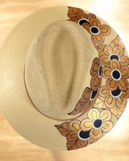 Floral And Birds Hand-Painted Palm Straw Fedora Hat Size XL