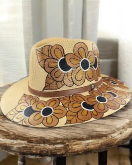 Floral And Birds Hand-Painted Palm Straw Fedora Hat Size XL