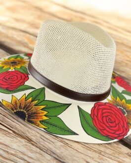 Floral Hand-Painted Palm Straw Fedora Hat Size M