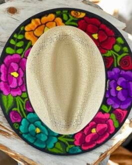 Floral Fedora Hat Hand-Embroidered Palm Straw Hat Size M