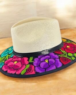 Floral Fedora Hat Hand-Embroidered Palm Straw Hat Size M