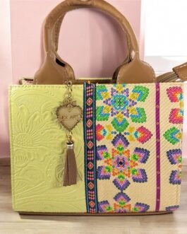 Handcrafted Mexican Tote Bag – Embossed Leather & Floral Jute Small