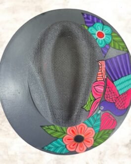 Floral Hand-Painted Palm Straw Multicolor Grey Fedora Hat Size L