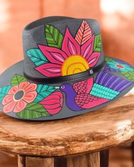 Floral Hand-Painted Palm Straw Multicolor Grey Fedora Hat Size L